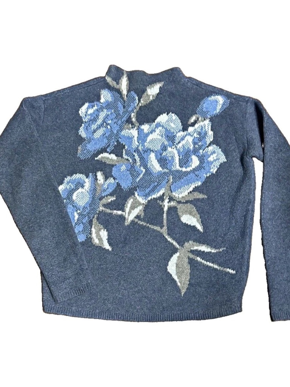 White House Black Market Women's Blue Floral Mockneck Sweater—Great Condition!